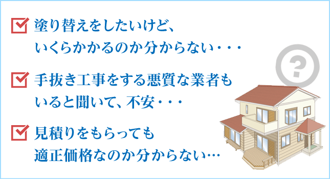 塗り替えをしたいけど、いくらかかるのか分からない・・手抜き工事をする悪質な業者もいると聞いて、不安・・・見積りをもらっても適正価格なのか分からない・・・
